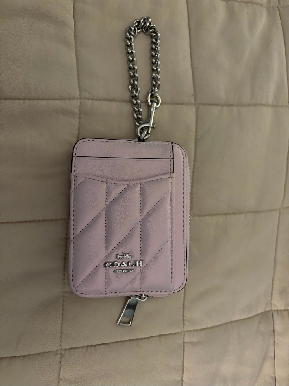 Coach Quilted Leather Card Case Wristlet in Pale Pink with Silver Chain